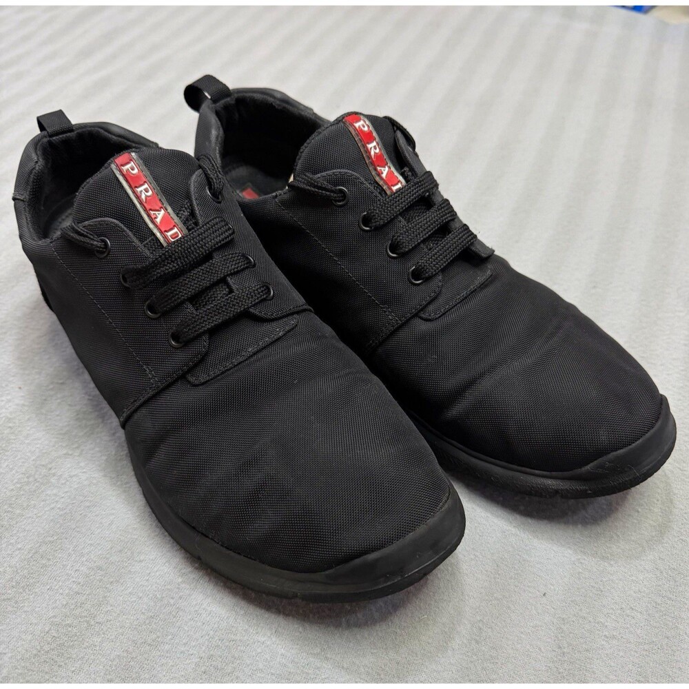 PRADA Men’s Black Nylon Lace-Up Sneakers Logo Round Toe US 8